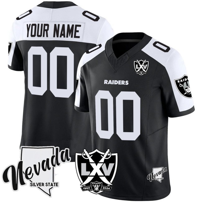 Raiders Custom Black White 2025 Vapor Limited Stitched Jersey - 65th Anniversary & NV State Map Patch