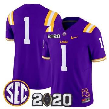Men's LSU Tigers #1 Purple F.U.S.E. 2020 National Champions & LA State Map Patch Nike Vapor Limited Jersey