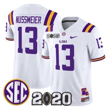 Men's LSU Tigers #13 Garrett Nussmeier White F.U.S.E. 2020 National Champions & LA State Map Patch Nike Vapor Limited Jersey