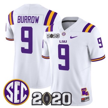 Men's LSU Tigers #9 Joe Burrow White F.U.S.E. 2020 National Champions & LA State Map Patch Nike Vapor Limited Jersey