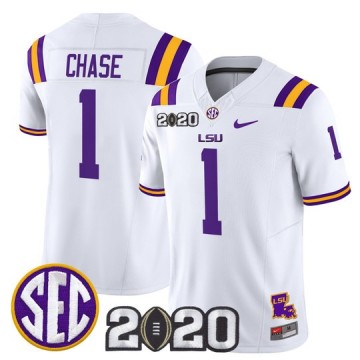 Men's LSU Tigers #1 Ja'Marr Chase White F.U.S.E. 2020 National Champions & LA State Map Patch Nike Vapor Limited Jersey