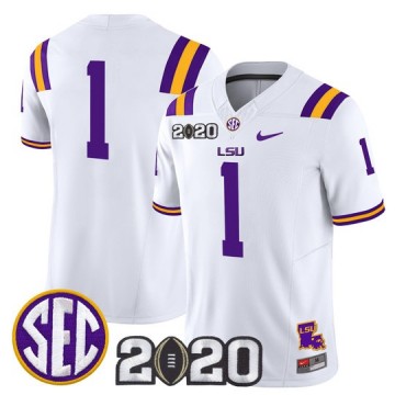 Men's LSU Tigers #1 White F.U.S.E. 2020 National Champions & LA State Map Patch Nike Vapor Limited Jersey