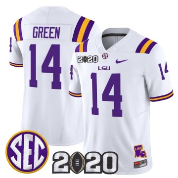 Men's LSU Tigers #14 Trey'Dez Green White F.U.S.E. 2020 National Champions & LA State Map Patch Nike Vapor Limited Jersey