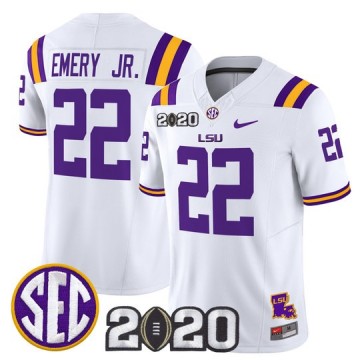 Men's LSU Tigers #22 John Emery Jr. White F.U.S.E. 2020 National Champions & LA State Map Patch Nike Vapor Limited Jersey