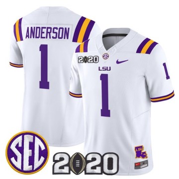 Men's LSU Tigers #1 Aaron Anderson White F.U.S.E. 2020 National Champions & LA State Map Patch Nike Vapor Limited Jersey