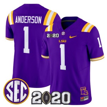 Men's LSU Tigers #1 Aaron Anderson Purple F.U.S.E. 2020 National Champions & LA State Map Patch Nike Vapor Limited Jersey