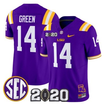 Men's LSU Tigers #14 Trey'Dez Green Purple F.U.S.E. 2020 National Champions & LA State Map Patch Nike Vapor Limited Jersey