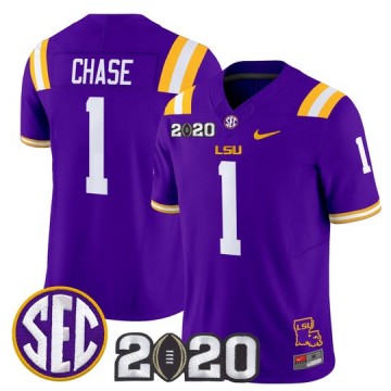 Men's LSU Tigers #1 Ja'Marr Chase Purple F.U.S.E. 2020 National Champions & LA State Map Patch Nike Vapor Limited Jersey