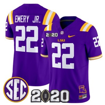 Men's LSU Tigers #22 John Emery Jr. Purple F.U.S.E. 2020 National Champions & LA State Map Patch Nike Vapor Limited Jersey