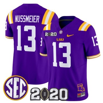 Men's LSU Tigers #13 Garrett Nussmeier Purple F.U.S.E. 2020 National Champions & LA State Map Patch Nike Vapor Limited Jersey