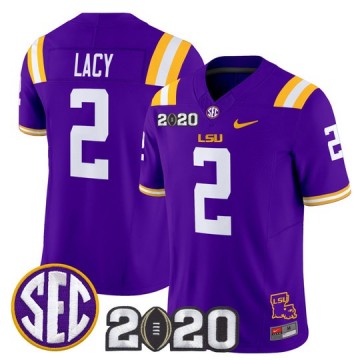 Men's LSU Tigers #2 Kyren Lacy Purple F.U.S.E. 2020 National Champions & LA State Map Patch Nike Vapor Limited Jersey