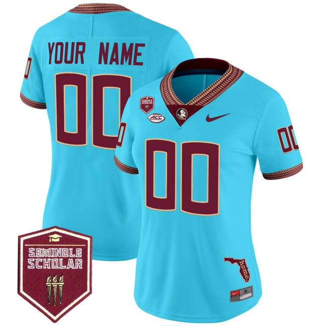 Women's Florida State Seminoles Custom Turquoise 2025 Seminole Scholar Patch Vapor Limited Stitched Football Jersey