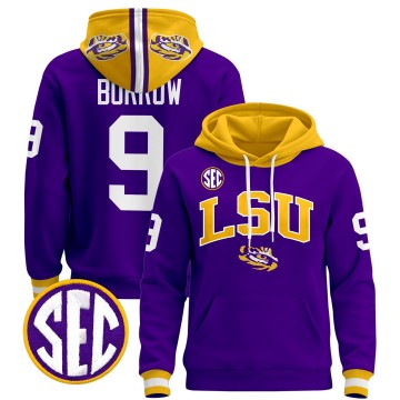 Men's LSU Tigers #9 Joe Burrow Purple 2025 Premium Pullover Stitched Hoodie