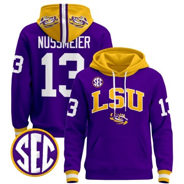 Men's LSU Tigers #13 Garrett Nussmeier Purple 2025 Premium Pullover Stitched Hoodie