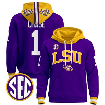 Men's LSU Tigers #1 Ja'Marr Chase Purple 2025 Premium Pullover Stitched Hoodie