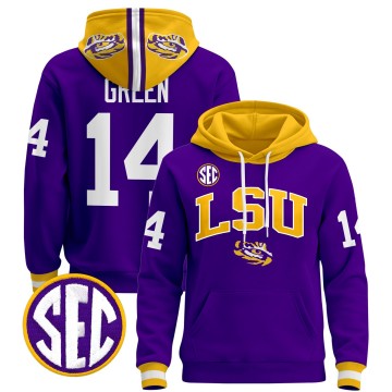 Men's LSU Tigers #14 Trey'Dez Green Purple 2025 Premium Pullover Stitched Hoodie