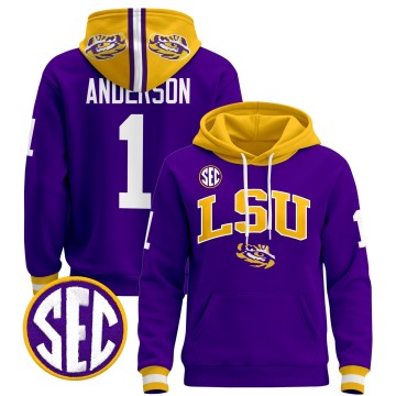 Men's LSU Tigers #1 Aaron Anderson Purple 2025 Premium Pullover Stitched Hoodie