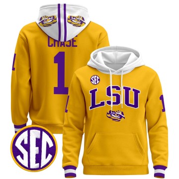 Men's LSU Tigers #1 Ja'Marr Chase Gold 2025 Premium Pullover Stitched Hoodie