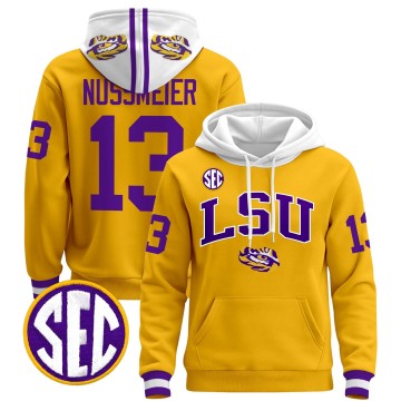 Men's LSU Tigers #13 Garrett Nussmeier Gold 2025 Premium Pullover Stitched Hoodie