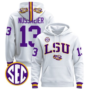 Men's LSU Tigers #13 Garrett Nussmeier White 2025 Premium Pullover Stitched Hoodie