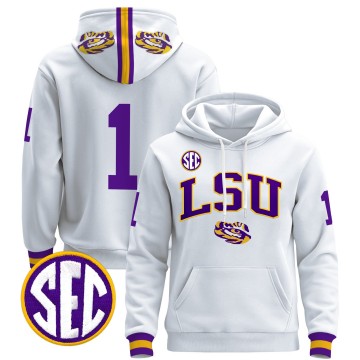 Men's LSU Tigers #1 White 2025 Premium Pullover Stitched Hoodie
