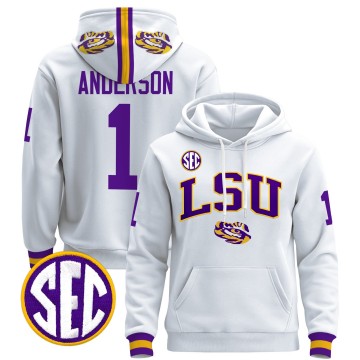Men's LSU Tigers #1 Aaron Anderson White 2025 Premium Pullover Stitched Hoodie
