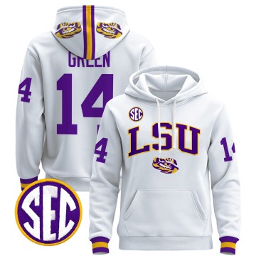 Men's LSU Tigers #14 Trey'Dez Green White 2025 Premium Pullover Stitched Hoodie