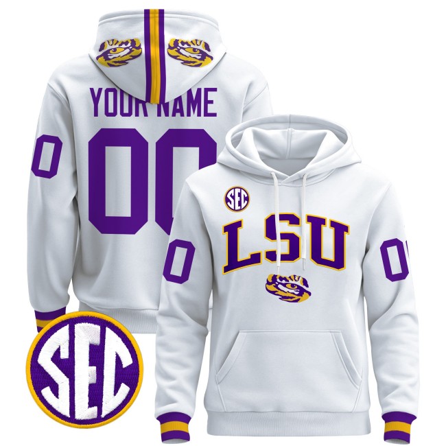 LSU Tigers Custom White 2025 Premium Pullover Stitched Hoodie
