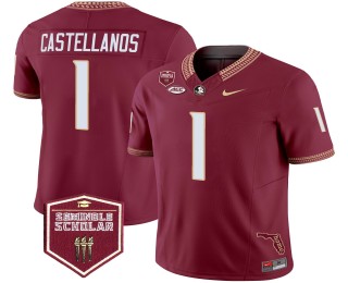 Men's Florida State Seminoles #1 Thomas Castellanos Garnet F.U.S.E. 2025 Seminole Scholar & FL State Map Patch Vapor Limited Jersey