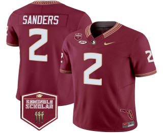 Men's Florida State Seminoles #2 Deion Sanders Garnet F.U.S.E. 2025 Seminole Scholar & FL State Map Patch Vapor Limited Jersey