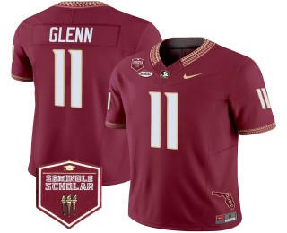 Men's Florida State Seminoles #11 Brock Glenn Garnet F.U.S.E. 2025 Seminole Scholar & FL State Map Patch Vapor Limited Jersey