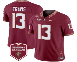 Men's Florida State Seminoles #13 Jordan Travis Garnet F.U.S.E. 2025 Seminole Scholar & FL State Map Patch Vapor Limited Jersey