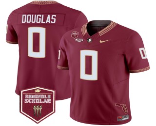 Men's Florida State Seminoles #0 Ja'Khi Douglas Garnet F.U.S.E. 2025 Seminole Scholar & FL State Map Patch Vapor Limited Jersey