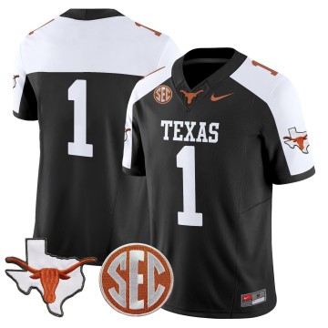 Men's Texas Longhorns #1 Black Alternate 2025 F.U.S.E. State Map & SEC Patch Vapor Limited Stitched Football Jersey