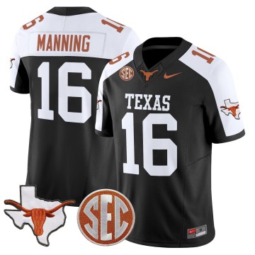 Men's Texas Longhorns #16 Arch Manning Black Alternate 2025 F.U.S.E. State Map & SEC Patch Vapor Limited Stitched Football Jersey