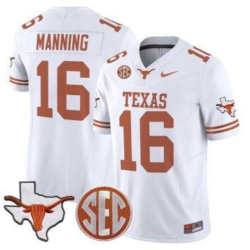 Men's Texas Longhorns #16 Arch Manning White 2025 F.U.S.E. State Map & SEC Patch Vapor Limited Stitched Football Jersey