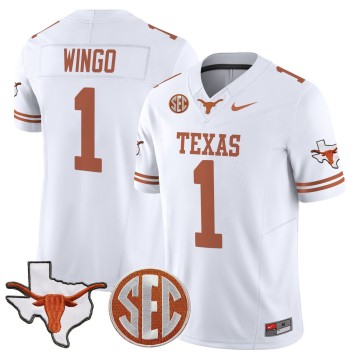 Men's Texas Longhorns #1 Ryan Wingo White 2025 F.U.S.E. State Map & SEC Patch Vapor Limited Stitched Football Jersey