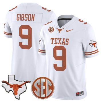 Men's Texas Longhorns #9 Jerrick Gibson White 2025 F.U.S.E. State Map & SEC Patch Vapor Limited Stitched Football Jersey