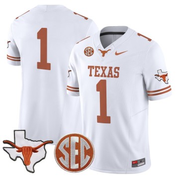 Men's Texas Longhorns #1 White 2025 F.U.S.E. State Map & SEC Patch Vapor Limited Stitched Football Jersey