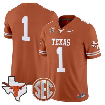 Men's Texas Longhorns #1 Orange 2025 F.U.S.E. State Map & SEC Patch Vapor Limited Stitched Football Jersey
