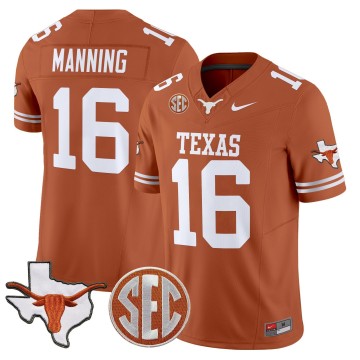 Men's Texas Longhorns #16 Arch Manning Orange 2025 F.U.S.E. State Map & SEC Patch Vapor Limited Stitched Football Jersey
