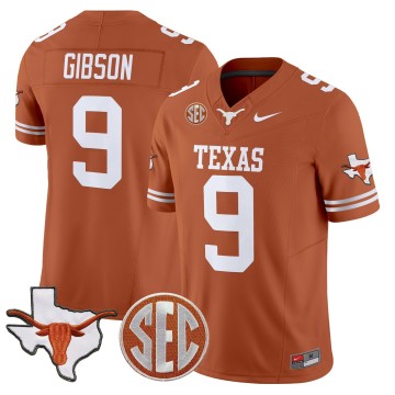Men's Texas Longhorns #9 Jerrick Gibson Orange 2025 F.U.S.E. State Map & SEC Patch Vapor Limited Stitched Football Jersey
