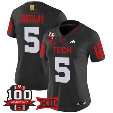Women's Texas Tech Red Raiders #5 Caleb Douglas Black 100th Anniversary Patch 2025 Vapor Limited Stitched Football Jersey