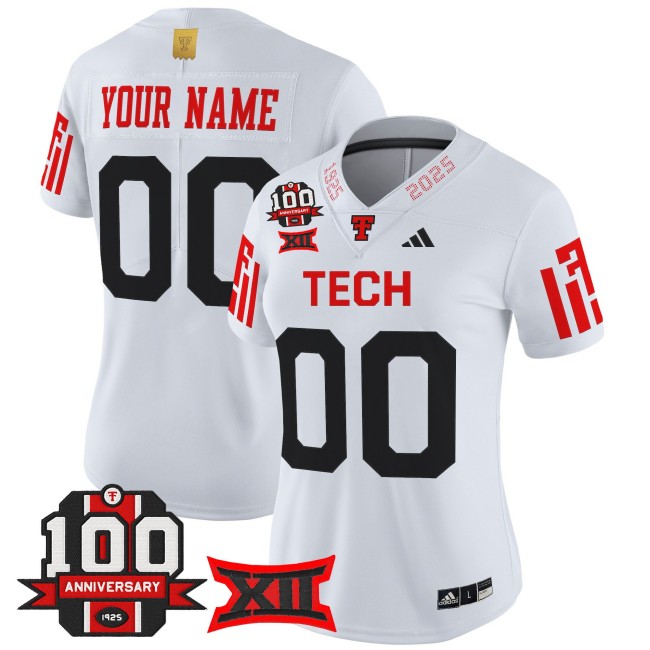 Women's Texas Tech Red Raiders Custom White 100th Anniversary Patch 2025 Vapor Limited Stitched Football Jersey