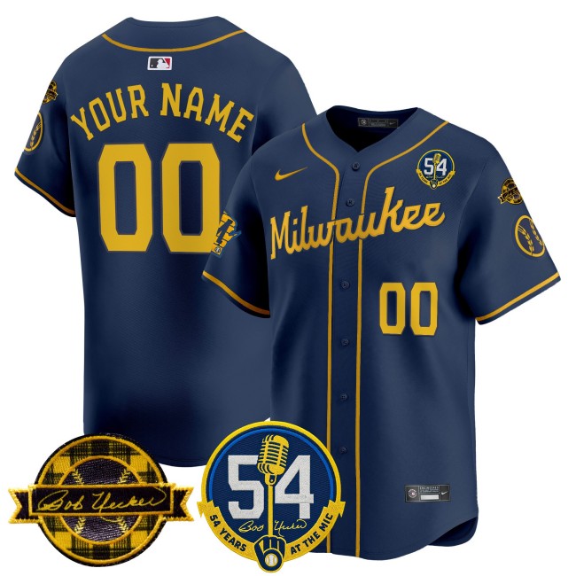 Milwaukee Brewers Custom Navy 'Bob Uecker - 54 Seasons for Brewers' Stitched MLB Nike Limited Jersey