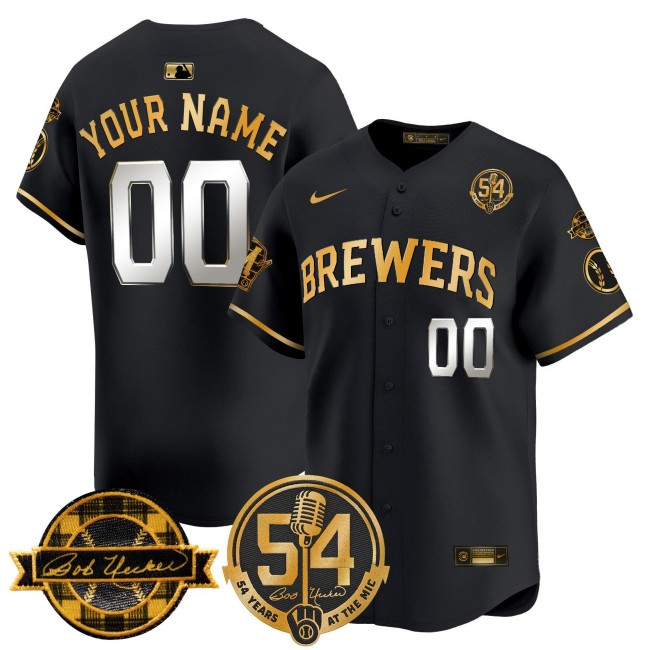 Milwaukee Brewers Custom Black Gold 'Bob Uecker - 54 Seasons for Brewers' Stitched MLB Nike Limited Jersey
