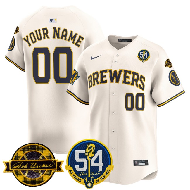 Milwaukee Brewers Custom Cream 'Bob Uecker - 54 Seasons for Brewers' Stitched MLB Nike Limited Jersey