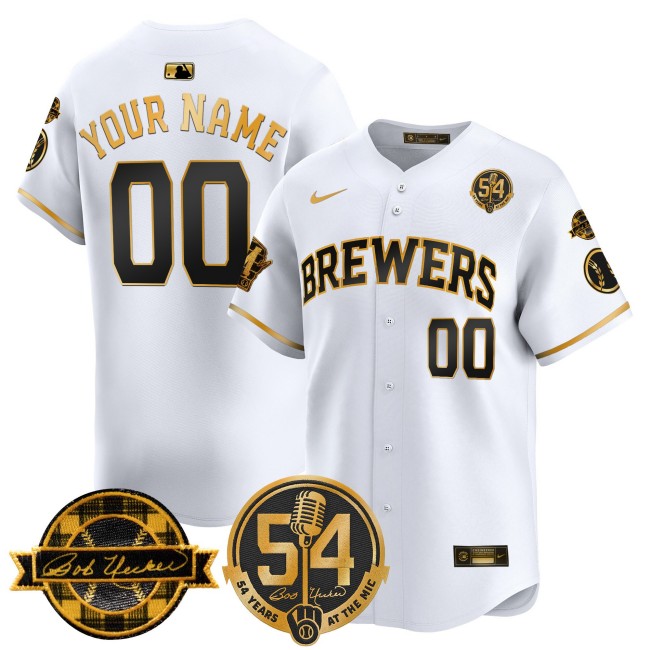 Milwaukee Brewers Custom White Gold 'Bob Uecker - 54 Seasons for Brewers' Stitched MLB Nike Limited Jersey