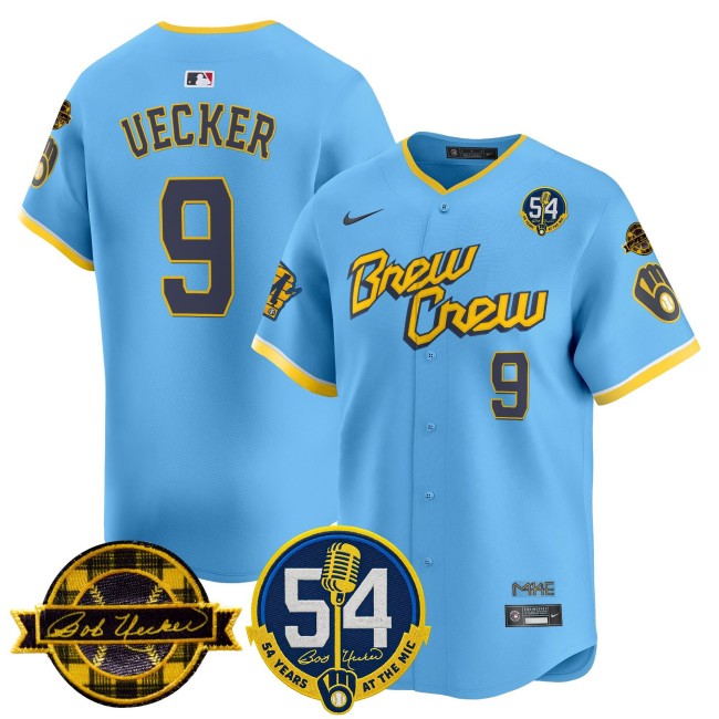 Men's Milwaukee Brewers #9 Bob Uecker Blue City Connect '54 Seasons for Brewers & Home & Bob Uecker Patch' Vapor Stitched MLB Nike Limited Jersey