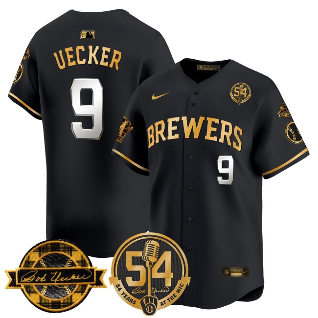 Men's Milwaukee Brewers #9 Bob Uecker Black Gold '54 Seasons for Brewers & Home & Bob Uecker Patch' Vapor Stitched MLB Nike Limited Jersey